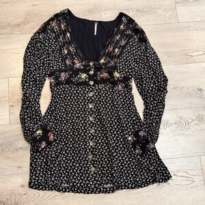 Free People‎ Wonderland Floral Printed A-Line Mini Dress Sz Medium Boho Prairie